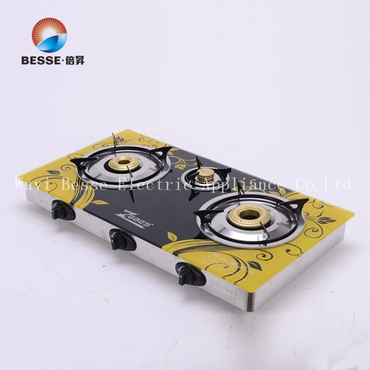 3 Cast Iron Burner Brass Fire Cap tempered glass Gas Stove