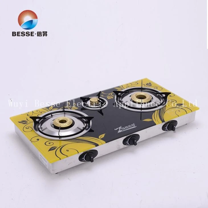 3 Cast Iron Burner Brass Fire Cap tempered glass Gas Stove